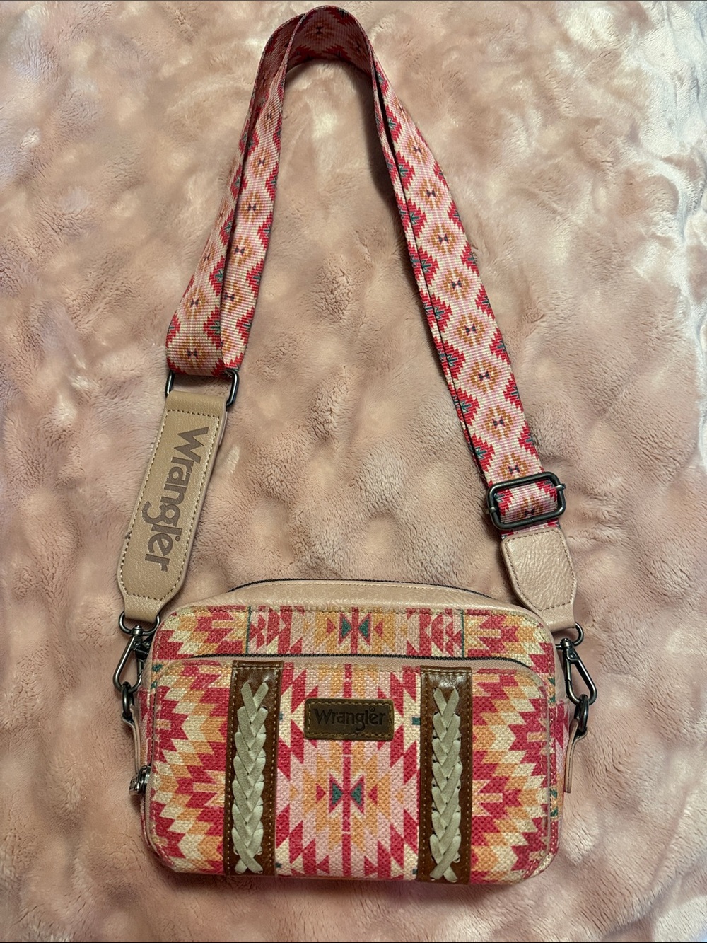 Wrangler Pink & Tan Geometric Crossbody Bag with Braided Accents